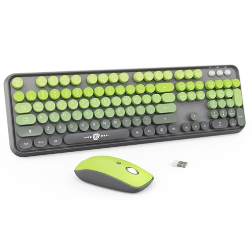 FOPETT Wireless Keyboard and Mouse Combo - 2.4G Full-Sized Cute Colorful Mouse and Keyboard with 104 Round Keys Retro Typewriter Keyboard for Laptop/Windows/PC - Grey Green - color: V2020 Grey Green