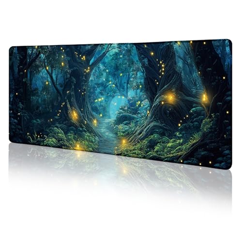 LIMKRIAN Firefly Forest Mouse Pad Large Desk Mat, Extra Large Gaming Computer Mousepad with Stitched Edges Non-Slip, Keyboard Mouse Pad for Desktop Cute Aesthetics Home Office Desk Accessories 31.5in - color: Firefly Forest