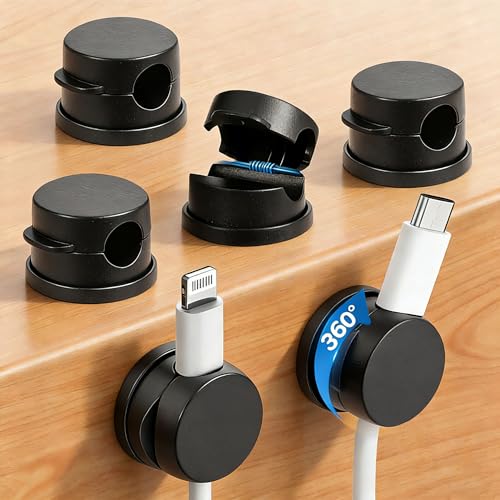 6PC 360° Rotatable Spring Cable Management, Cord Organizer Holder for Desk, Strong Adhesive Cable Clips Desk Accessories, Adjustable Wire Keeper for Nightstand, Home, Office, RV (Black) - color: Black