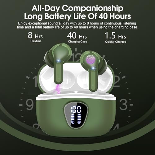 Wireless Earbuds, Bluetooth 5.4 Headphones HiFi Stereo, Bluetooth Earbuds with ENC Noise Cancelling Mic, IP7 Waterproof in Ear Earphones, 48H, LED Display Ear buds for Pad Workout Sports, Retro Green - color: Retro Green