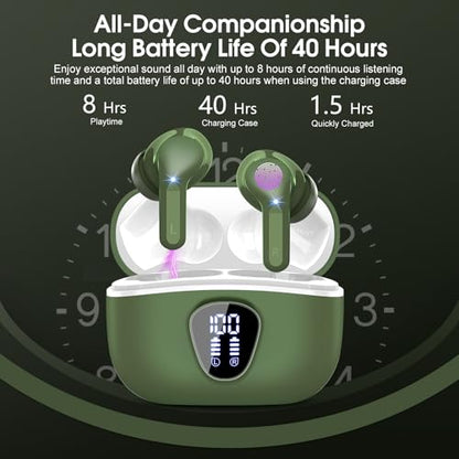 Wireless Earbuds, Bluetooth 5.4 Headphones HiFi Stereo, Bluetooth Earbuds with ENC Noise Cancelling Mic, IP7 Waterproof in Ear Earphones, 48H, LED Display Ear buds for Pad Workout Sports, Retro Green - color: Retro Green