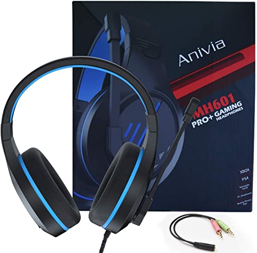 Anivia MH601 Blue Headphones with Microphone Wired Headset with Active Noise Canceling Microphone, 3.5mm Audio Jack Stereo Headphone (Game/Work/School) - color: Blue