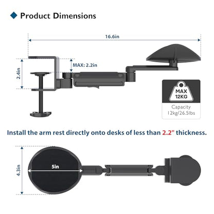 BONTEC Adjustable Arm Rest for Desk, 360° Rotating & Extendable, Aluminum | Ergonomic Elbow Pad, Durable Keyboard and Computer Support, Office or Gaming Accessories, Comfortable During Work Sessions