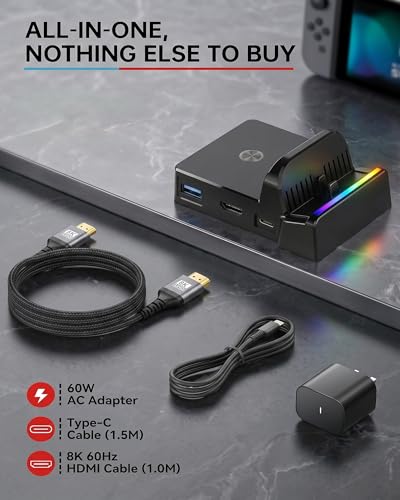 Switch 2 Dock with 60W Charger & HDMI Cable, 4K TV Docking Station for Nintendo Switch 2, All-in-One Game Accessories Set, Portable Travel Charging Stand Base, AC Adapter Power Cord
