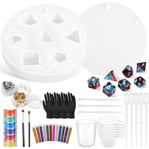 38 Pcs Dice Molds for Resin Set Resin Kit for Beginners with Silicone Dice Mold Gloves Mixing Sticks Measuring Cup Pour Cups Droppers Brushes Glitter Gold Powder DIY Gift for Tabletop RPG Lovers
