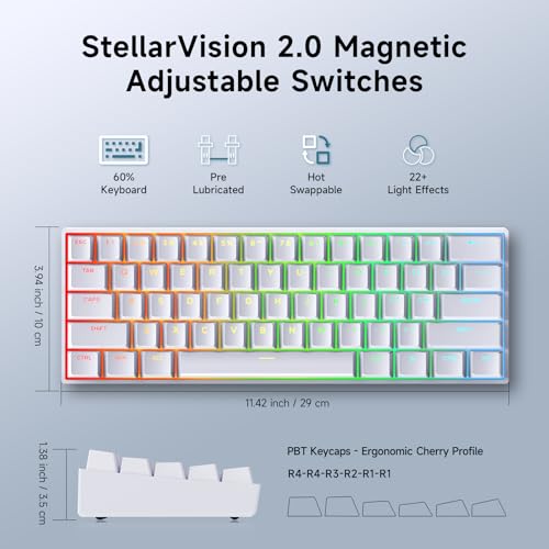 MCHOSE Ace 60 PRO Gaming Keyboard 60 Percent, Hall Effect Keyboard Wired, Magnetic Switch Keyboards Rapid Trigger, 8K Polling Rate, Adjustable Actuation Point, RGB Lighting, HotSwap, White - color: 60Pro-White TTC Uranus Switch