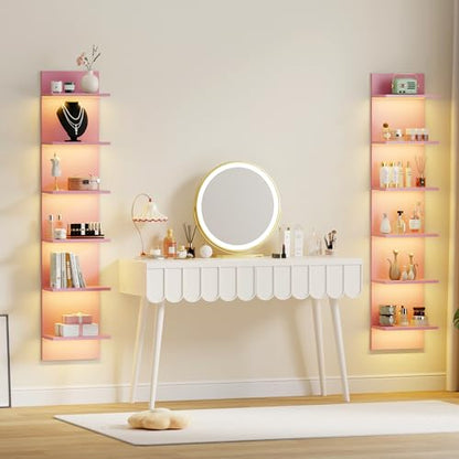 Qupui 6-Tier Wall Shelf with RGB LED, 57" Floating Storage, Pink | RGB 16 Million Colors, 22 Modes, 6 Brightness. Waterproof Particleboard. Each Tier Holds 10 Lbs. Wall-mounted. For Bedroom - color: Pink