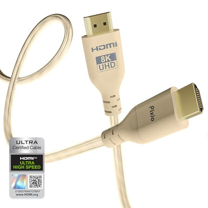Pixio Beige 8K HDMI 2.1 Cable Ultra Certified Ultra High Speed 6FT 8K 60Hz 4K 120Hz Nylon Braided, Gold Plated Connector, Anti-Breakage, HDR10+, dtsx, eARC, HDCP, Dolby Compatible - color: Beige, size: 6 ft