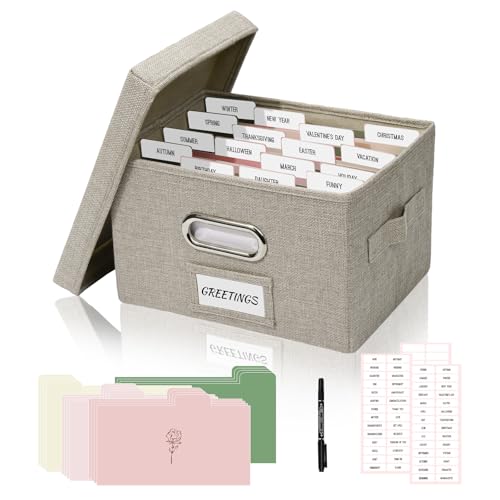 Card Storage Box with Dividers, 10x7.8 in Beige | Linen greeting card organizer w 16 dividers, 84 labels & pen, sturdy storage for photos envelopes, elegant home office gift - color: Beige, size: 1 Pack