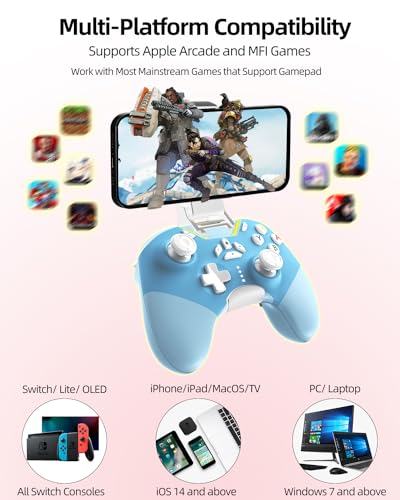 iPhone Controller with Phone Clip, Hall Effect Joystick Wireless Bluetooth Gaming Controller for Android/iPhone/Apple Arcade MFi Games/PC/Switch/Steam with Macro/Lock Joystick Speed/6-Axis/Motor/Turbo - color: Blue