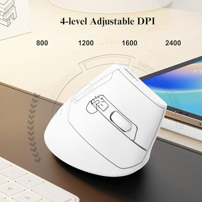 Uineer Vertical Ergonomic Mouse, Wireless Bluetooth Mouse, 3-Device,Quiet | Switch among 3 devices; side scroll wheel supports horizontal navigation for documents and spreadsheets. - color: White