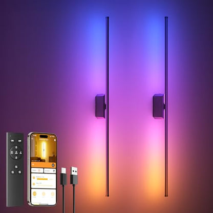 40 Inch Battery Operated Wall Sconces Set of 2, 12000mAh Rechargeable Smart Wall Lights with APP Control & Remote, Color Changing, Music Sync, Scene Modes, Wireless Wall Lamps for Living Room, Bedroom