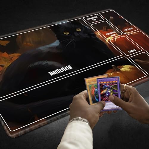 Board Game Mat TCG Playmat Plus 50 Pcs Card Sleeves, 24 x 14 inches Table Mats Games Mousepad with Zones Smooth Surface for MTG RPG CCG Trading Card Game Play Mats, Black Cat Pumpkin - color: Black Cat Pumpkin, size: Zone 1