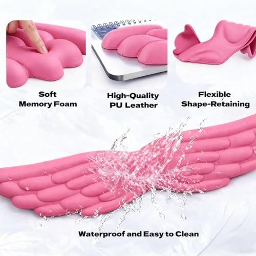 Angel Wing Wrist Rest Ergonomic Memory Foam Wrist Rest for Computer Keyboard Mouse Set with Cup Mat, Cute Gaming Keyboard Cushion Hand Support PU Leather Surface Anti-Slip Waterproof (Rose Red) - color: Rose Red