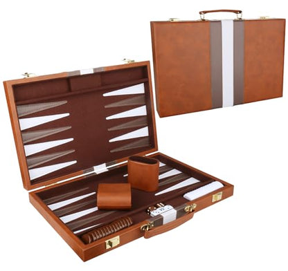 Backgammon Set - Classic Board Game with Premium Leather Case - Portable Travel Strategy Backgammon Game Set for Adults, Kids (18inch, Brown) - color: Brown, style: 18inch
