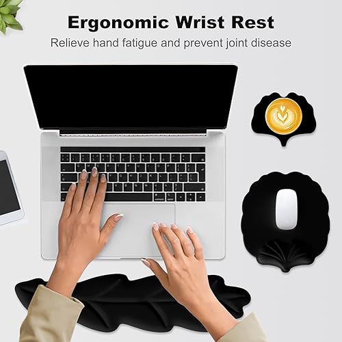 Keyboard Wrist Rest and Mouse Pad with Wrist Support Set, Ergonomic Leaf Shape Mouse Pad with Non-Slip Base, Pain Relief Memory Foam Mousepad for Computer,Laptop,Home Office, Black - color: Black