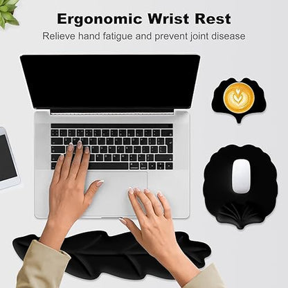 Keyboard Wrist Rest and Mouse Pad with Wrist Support Set, Ergonomic Leaf Shape Mouse Pad with Non-Slip Base, Pain Relief Memory Foam Mousepad for Computer,Laptop,Home Office, Black - color: Black