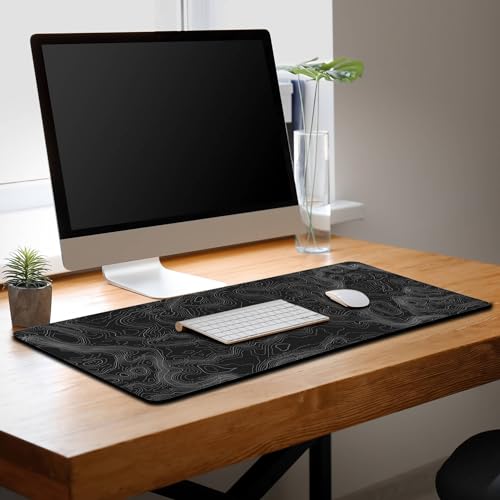 Computer Desk Pad - Black and White, Gaming Keyboard and Mouse Pad, Non-Slip Rubber Base, 35.4 X 15.7 inch for Work/Game/Office Topographic Map - color: Topographic Map Lines
