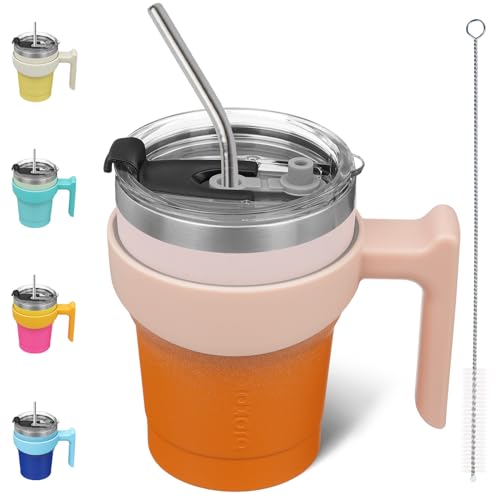 BJPKPK 10 oz Mini Tumbler with Lid, Straw & Handle, Insulated Steel Cup | Small, Spill Proof, Leak Proof, Thermal, Double Wall Vacuum, Sweatproof, Dishwasher Safe, BPA Free, Coral - color: Coral, size: 10 Ounces