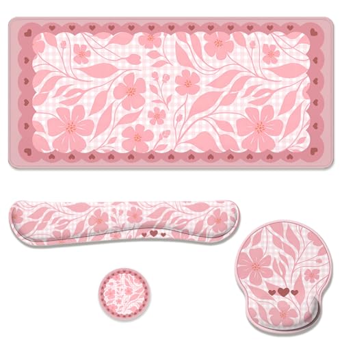 Pink Floral Desk Mat Set Preppy Hearts Plaid Large Mouse Pad with Wrist Rest 4in1 Desk Mat for Desktop Ergonomic Keyboard Wrist Support Anti-Slip Computer Ergonomic Mouse Pad Home Office Gaming - color: Pink Floral
