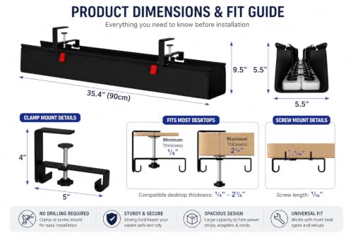 No Drill Under Desk Cable Management Tray, 90cm Cord Organizer for Table, Clamp/Screw Mount Desk Cable Management