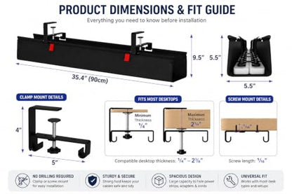No Drill Under Desk Cable Management Tray, 90cm Cord Organizer for Table, Clamp/Screw Mount Desk Cable Management