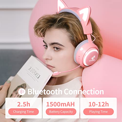EASARS Wireless Cat Ear Headphones, Pink Gaming Headset Bluetooth 5.0 for Smartphone, Retractable Mic, 50mm Drivers, RGB Lighting Headset with Mic (USB Dongle Not Included) - color: Pink, style: Wireless
