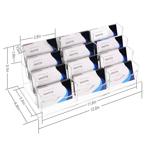 Vevitts Business Acrylic Card Holder Display for Desk, 12 Slots 4 Tiers Multiple-Clear Acrylic Business Card Stand Set, Holds Approximately 600 Cards