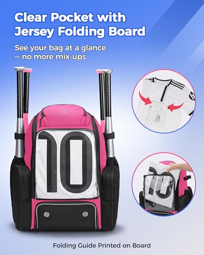 MATEIN PRO Youth Baseball Backpack for 4 Bats, Collapsible Shoe Compartment | Water Resistant, Large, Boys Baseball Bat Bag, Insulated Beverage Pocket, Clear Display Window, Storage Holds Glove, Helmet - color: Pink