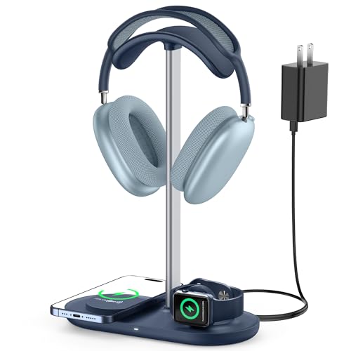 HiWe Headphone Stand, 2-in-1 MagSafe Wireless Charger for iPhone/iWatch | Headset Holder for All Headphones, Aluminum Alloy Bar, ABS Solid Base, PU Headrest, Table Desk Organizer - color: Blue