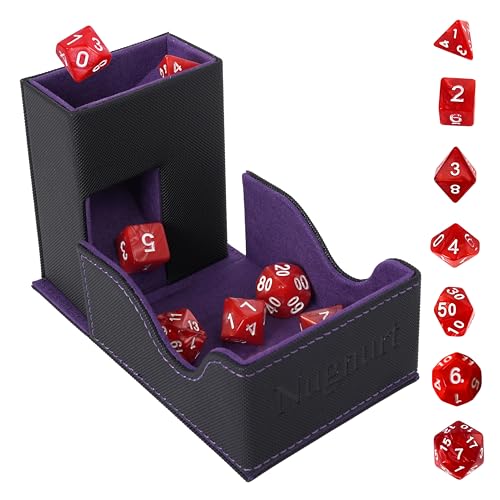 Dice Tower & DND Dice Tray, Foldable Portable Dice Rolling Tower with Tray and Storage, DND Dice Accessory for Dungeons and Dragons, PU Leather Dice Box with 7 Dice, Black/Purple - color: Purple