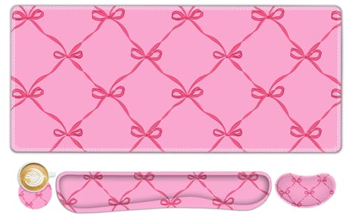 ToLuLu Large Mouse Pad Desk Pad Set, 4PCS Wrist Rest Support XXL Desk Mat | 35.4”x15.7" Giant Mouse Pad for Keyboard Mouse , Non-Slip Base Stitched Edges Mousepad Office Desk Decor, Hot Pink Bow - color: Hot Pink Bow