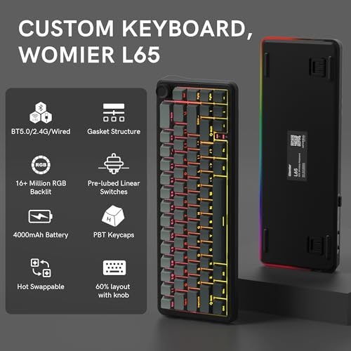 womier L65 60% Mechanical Keyboard Wireless with Knob, Black Gaming Keyboard 4000mAh Battery, Tri Mode USB-C/BT5.0/2.4G Gasket Mounted Key Board RGB Hot Swappable with Gradient keycaps-Linear Switch - color: Black