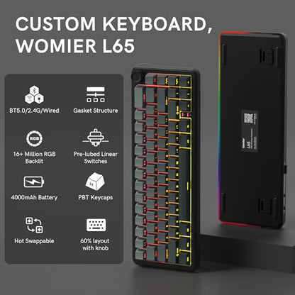womier L65 60% Mechanical Keyboard Wireless with Knob, Black Gaming Keyboard 4000mAh Battery, Tri Mode USB-C/BT5.0/2.4G Gasket Mounted Key Board RGB Hot Swappable with Gradient keycaps-Linear Switch - color: Black