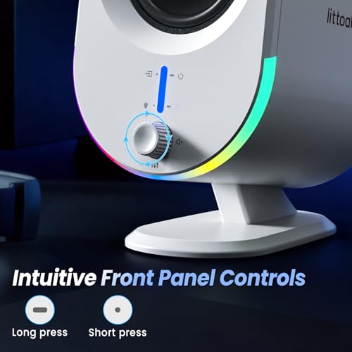 LITTOAK Bluetooth PC Gaming Speakers, 2 * 15W 2.0CH Stereo with 3 EQ & 6 RGB Modes, AC Powered Desktop Speakers with Aux/USB/Headphone Port for Laptop/TV, White