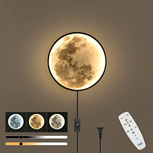 QIYIMEILUX Dimmable Moon Wall Sconce Plug in Modern LED Wall Light with Remote Control 9.5inch 15W Black Wall Lamp Indoor Wall Mounted Lighting Ceiling Light Fixture for Living Room Bedroom - color: 9.5in Moon Black