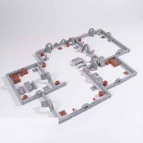 Modular Dungeon Stone Wall Terrain Set - 28mm Miniatures Scenery with Walls, Doors, Barrels, Crates Beds and So On for Tabletop Rpgs, Fantasy Wargames and Board Games (AMF01 A)