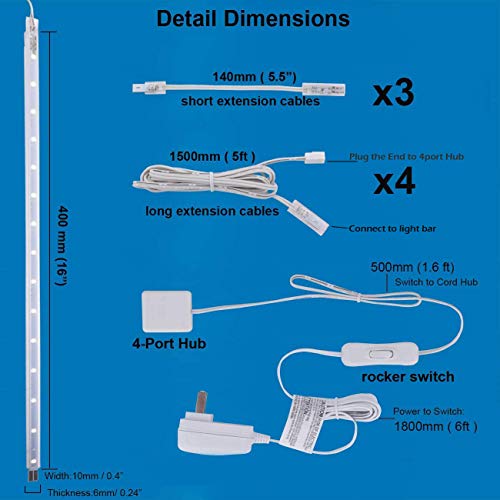 LED Display Light Bar Kit - (4) 16inches Plug-in Linkable Strip Lights for Large Display Cabinet - Series + Parallel Connection - White 6000K | 6000K White Ultra Thin Light Bar for Curio Cabinet, Bookshelf, Store Display Case. End-to-End Linkable, Low Hea