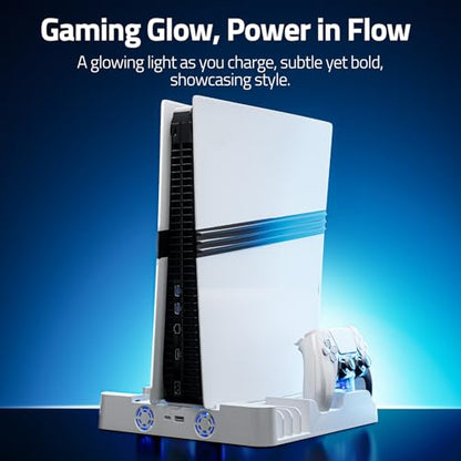 Cooling Station Stand for PS, Cooling Fan Station with Dual Controller Charger Compatible with P5 Pro/Slim Console, Cooler Station Stand for Ps Accessories with 3-Level Fan&LED Light