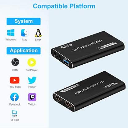 4K Audio Video Capture Card, Recording Card with Microphone HDMI Loop-Out，HDMI to 1080P USB 3.0 for Gaming Streaming TV Recorder, Live Streaming Broadcasting