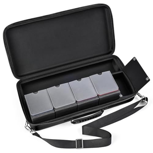 Playmat & Deck Box Carrying Case With 4 Deck Boxes, Rigid, Black | 3 compartments for playmat, deck box & dice. Fits 14"-16" playmats. Adjustable shoulder strap & handle included. - color: Black, size: Case