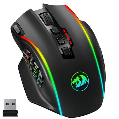 Redragon Wireless Gaming Mouse, MMO Gaming Mouse UP 16,000 DPI, 16 Macro Programmable Buttons, RGB Rechargeable with 12 Side Buttons, 70Hrs for PC Laptop MOBA FPS, M901P-KS - color: black