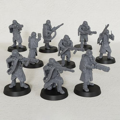 AUSPDICE Tabletop Unpainted Minis, 28mm 9pc Sci-Fi Soldier Squad, AS938 | Sci-Fi Figurine Squad for Role Playing, Miniature Games and TTRPGs, with Helmeted Combat Figures for Wargaming and RPG Gifts