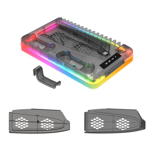Cooling Station for Ps5/Slim/Pro Disc & Digital Playstation 5 Vertical Stand Organizer with Dual Controller Charger,16 Game Slots,7 Rgb,3 Level Cooler Fan,3 Usb Ports,Headset & Remote Holder - color: Transparent Black