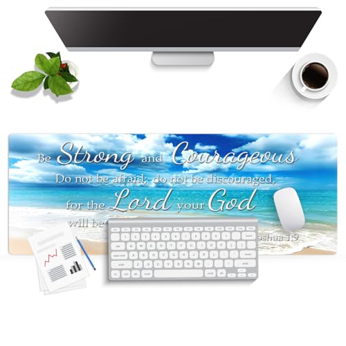 Be Strong and Courageous Large Mouse Pad, Blue Ocean Sunny Beach Desk Mat | Stitched Keyboard Mat, 31.5" x 11.8", Joshua 1:9 Christian Bible Verse Scripture, Inspirational Quote, Religious Coastal Art - color: Vibrant Design J01K