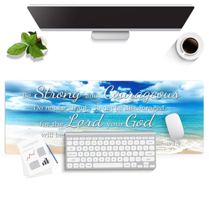 Be Strong and Courageous Large Mouse Pad, Blue Ocean Sunny Beach Desk Mat | Stitched Keyboard Mat, 31.5" x 11.8", Joshua 1:9 Christian Bible Verse Scripture, Inspirational Quote, Religious Coastal Art - color: Vibrant Design J01K