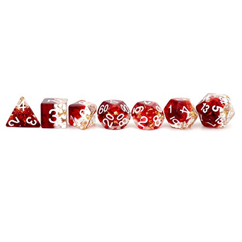 Haxtec Red Clear DND Dice Set, 7 Pcs Gold Foil Resin Polyhedral RPG Dice | Role Playing Games Dice with Velvet Bag, Rounded Edge, Compatible with Dungeons and Dragons, Gifts for D&D Lovers - color: Red Clear