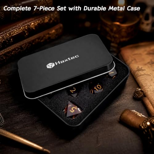 Haxtec Sharp Edge DND Dice Set, Liquid Core Resin Polyhedral RPG Dice | Black Swirls D&D Dice, Compatible with Dungeons and Dragons, Red Blood Liquid, Handmade 7-Die with Metal Case, MTG Gifts - color: Blood & Black