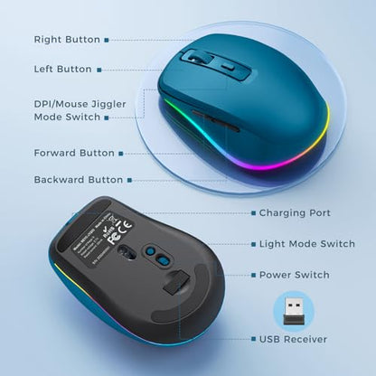 PEIOUS Wireless Mouse Jiggler - Keep Computers Awake, Dark Blue | Rechargeable LED Mouse, Silent Clicks, Adjustable DPI and Random Movement Keep Computers Awake for Laptop/PC/Mac - color: Dark Blue