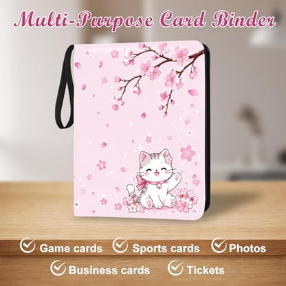 Card Binder 9 Pocket Trading Card Holder Fits 1008 Cards with 56 Removable Sleeves Portable Leather Collection Card Ablum Game Card Case Book with Zipper for Gift (Sakura Cat) - style: Sakura Cat Card Albums